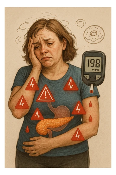 "Woman struggling with worsening insulin sensitivity, blood sugar spikes visualized as red warning signals throughout her body, expression of energy crashes and sugar cravings, pancreas working overtime shown in transparent overlay, pre-diabetic progression despite dietary efforts, metabolic syndrome symptoms accumulating, glucose meter showing increasingly concerning readings" scritte in italiano sticker