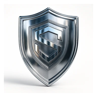 chrome style shield with a bold emblem, shiny, modern sticker