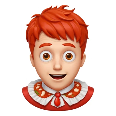 funny theater actor portrait, head and shoulders only, covered in tomato sauce, shocked wide eyes, awkward smile, stage costume collar, 3D cartoon, mobile game icon style, clean background, no text, no watermark
 sticker
