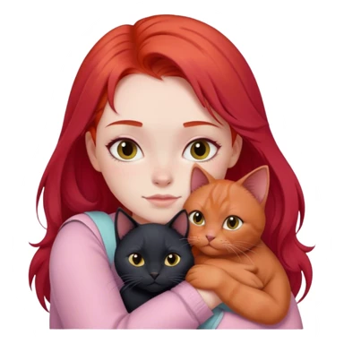 
a girl with red hair in pastel clothes hugs a black British cat sticker