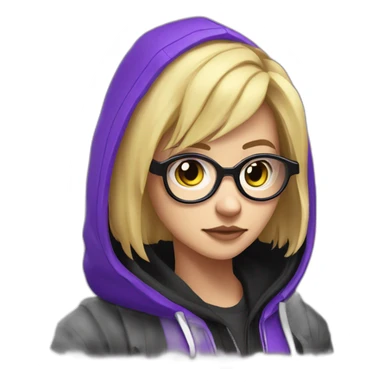 Girl blond artist with round glasses left side behind his laptop with this style: valorant riot Game purple character purple black hooded hacker themed character sticker