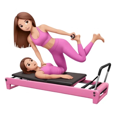 one girl doing a plank on a pilates reformer in a pink workout set with long brown hair sticker