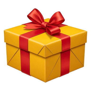 box with yellow wrapping paper and a length of red ribbon surrounding it on the ground so you can see most of the box's cardboard sticker