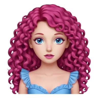 Chappell Roan long red curly hair, blue eyes, pink eyeshadow and lip, pink dress sticker