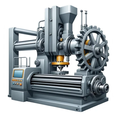 An icon featuring a giant machine tool in a factory, manufacturing machines. The design includes gears, mechanical parts, and a production line, representing the art of mechanical engineering and industrial design. Transparent background highlights precision engineering and manufacturing processes. sticker
