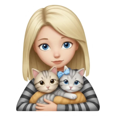 Blonde girl with blue eyes cuddling with light grey tabby cat with dark grey stripes sticker