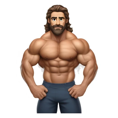 muscled hairy bodybuilder brown hair beard,enormous pecs and enormous biceps, long wavy hair in a man bun, with dark brown eyes, and tanned skin, full body from head to toes picture, flexin both biceps, hairy body, wearing, bodybuilding posing swimsuit sticker