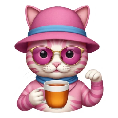 Pink cat with hat, holding cup of tea, wearing sunglasses sticker