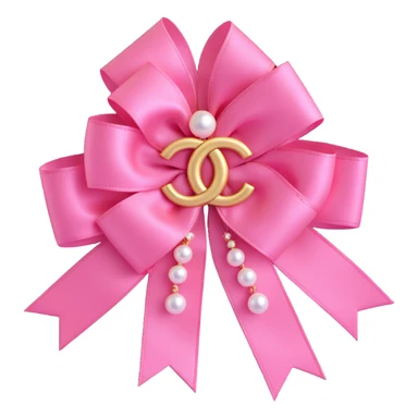 Change the double-layered satin ribbon bow to pink, keep pearls and gold Chanel logo, elegant, glossy, black and white, 3D emoji style, with no background sticker