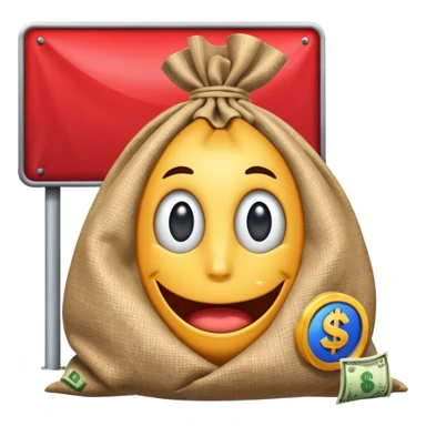 a sack of money in front of a billboard advertisement sticker