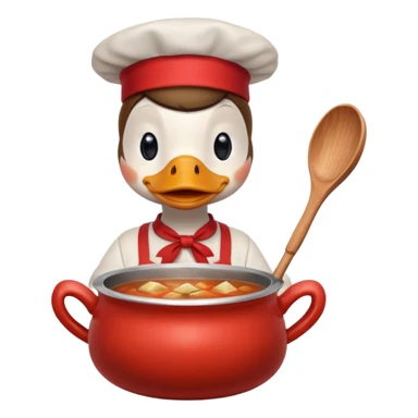 A duck wearing red apron stirring soup in a small pot, looking very focused. sticker