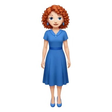 una profesora mayor simpática con el pelo rojo rizado, ojos azules, vestido azul y pendientes azules hablando sonriendo altura completa  sticker