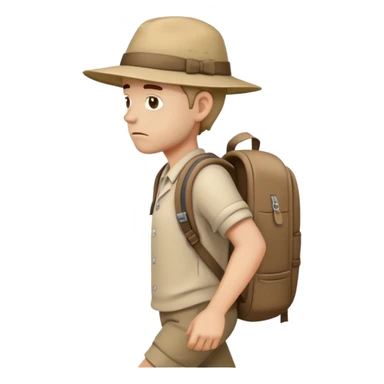 sad traveler man with beige skin tone wearing backpack and hat walking to the right, iOS style sticker