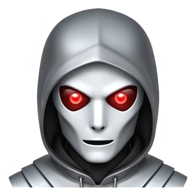 Evil robot hacker with glowing red eyes, dark hood, binary code, sinister expression sticker