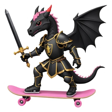zwarte ridder met een zwarte zwaart en een zwarte schild met een zwarte draak op en hij skate met een roze skatebord sticker