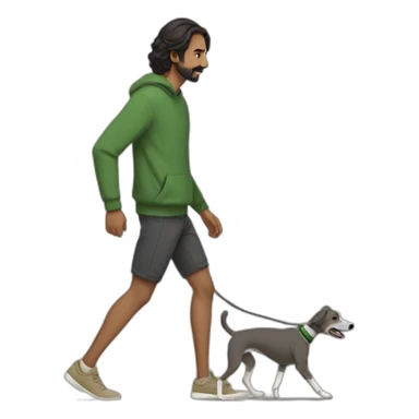 an indian man wearing a green sweatshirt, beige shoes, long hair, no beard, black shorts, walking, side profile, one hand raised slightly below waist level walking a whippet sticker