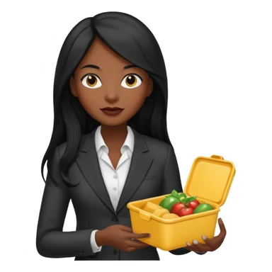 dark long haired woman with suit holding food container sticker