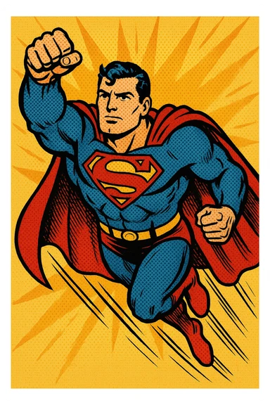 Superman flying with a red cape and blue suit, classic comic book style, bold lines, vibrant colors sticker