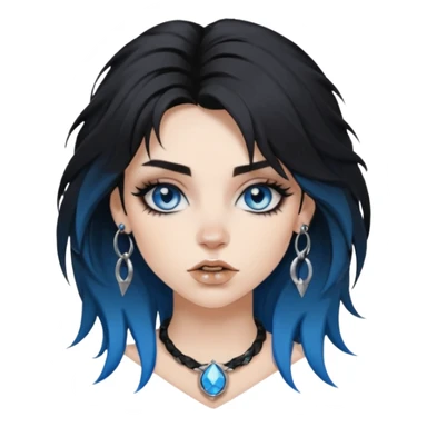 
 rockstar girl with black disheveled hair, blue eyes, Smokey eyes grunge makeup, ring on the side of the nose sticker