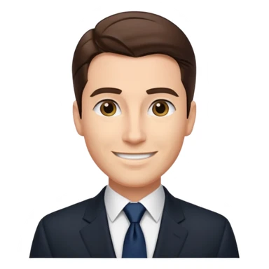 Caucasian man with slicked back brown hair, black suit, navy tie, elegant look standing  sticker