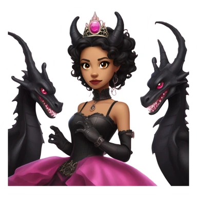 standing flirty Lavish black evening gown with see-through gloves, Jenna Ortega as Addams woman wearing a steampunk mini tiara, very large blood pink evil-looking horned old dragon sticker