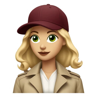 Blonde girl with green eyes in beige trench coat and burgundy baseball cap written Paris on it  sticker