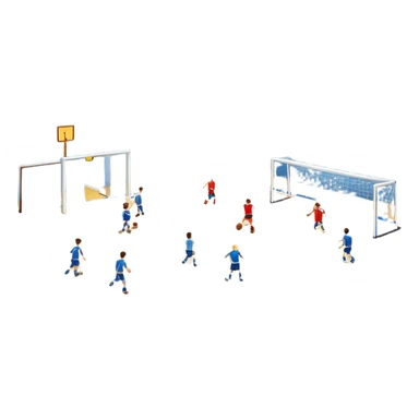 A mini-football match in an indoor sports hall with wooden flooring and clear field markings. The scene shows a vibrant game in action, with players positioned on the court, the goalposts visible, and the atmosphere filled with energy and focus. sticker