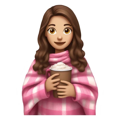 Brown haired girl in a pink checkered blanket holding a hot chocolate  sticker