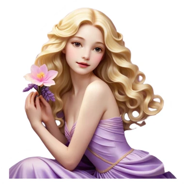 Cinematic Realistic Rapunzel Portrait, with porcelain-like skin featuring a subtle, natural glow, illuminated by soft lighting that brings out the gentle contours of her face. Her long, golden blonde hair cascades in detailed waves, each strand highlighted with a radiant shimmer as it catches the light. She playfully holds a flower in one hand, her other hand resting casually in her lap, with a warm and spirited expression. Her bright, expressive green eyes exude curiosity and warmth, framed by delicate lashes and soft, arched brows. She is dressed in her classic lavender and pink gown, the fabric textured with delicate folds that flow naturally, catching the light with a soft, radiant glow. The portrait captures a luminous, enchanting aura, seamlessly blending realism with a whimsical, fairytale charm, evoking a timeless sense of beauty and magic. sticker