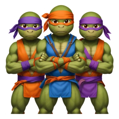 Give me a picture of 4 teenage mutant ninja turtles. Make them hold a fighting pose. Their bandana colors should be red, another orange, another purple, another blue. sticker