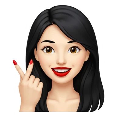 Haz una imagen de una mujer con cabello negro largo , con una sonrisa en su cara y la punta de su dedo indice mordido entre sus dientes sticker