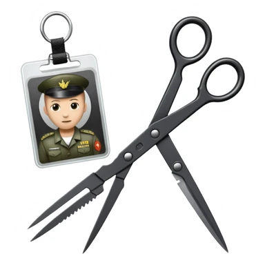 Floating black Scissors cutting an idf soldier ID card in 2 parts .hyper realistic sticker