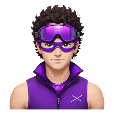 close-up of cool guy male athlete with white skin and moderately curly dark brown hair on top with shaved sides, with one purple ski goggle lens pushed up above his eyes on his forehead, with an arrogant smug smirk on his face, wearing only a plain black chain necklace around his neck, and a completely unzipped sleeveless vest with purple and black sequin fire pattern design with no logo, clearly showing he is shirtless underneath with exposed chest and abs sticker