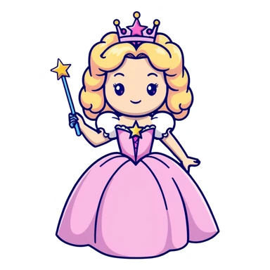 Glinda the Good Witch with long blonde curly hair, sparkling tiara, puffy pink ballgown, and magic wand with star sticker