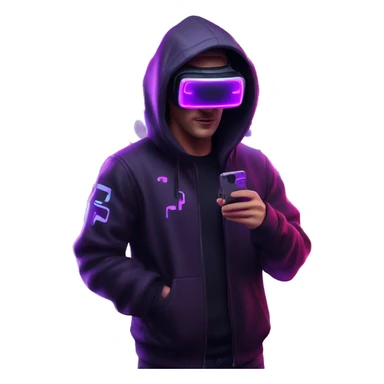 Russian man wearing a black hoodie with "OMG" letters on it and VR headset in a cyberpunk VR environment with violet neon lighting. sticker