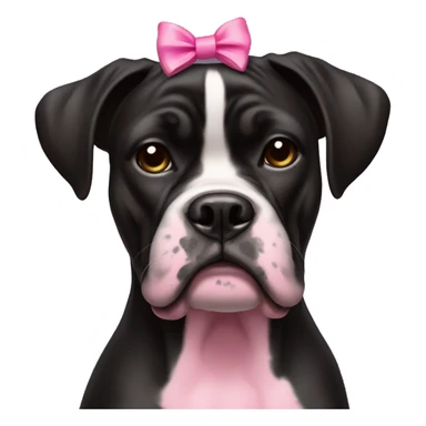 black boxer dog face with some black and pink features, with a pink bow on her head that has long ribbons sticker