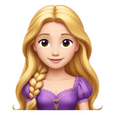Cinematic Radiant Rapunzel Portrait Emoji, rendered in a flat vector style with clean proportions. Show Rapunzel with a gentle smile, fair, glowing skin, and her iconic long golden hair cascading softly, wearing a simple, elegant purple dress. The image radiates a warm, enchanting glow, high shine, and is accentuated by a soft glowing outline. sticker