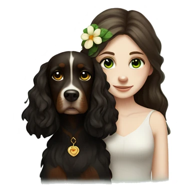 pale skin girl with green eyes with long dark brown hair that has a flower in her hair  snuggling a black and brown cavalier dog the dog also has a flower in its hair sticker