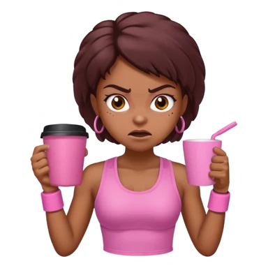 Angry brown girl with pink gym set and coffee sticker