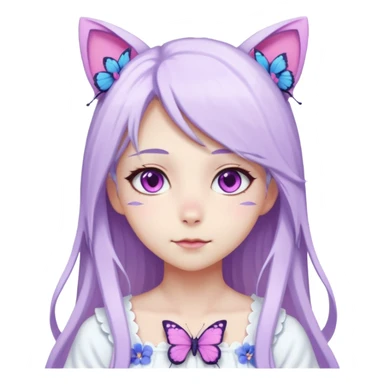 female anime character with pink eyes long white hair and periwinkle highlights and cat ears on her head. She is wearing a white dress with purple flowers and butterfly. sticker