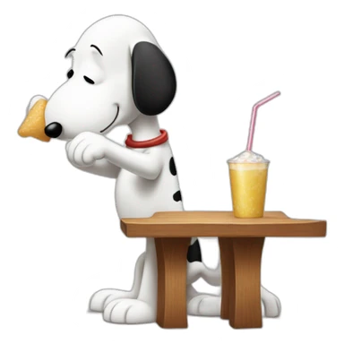 Snoopy (full body, standing) holding a straw in his hand against his nose bent over a table sucking up a pile of sugar -drink -cup sticker