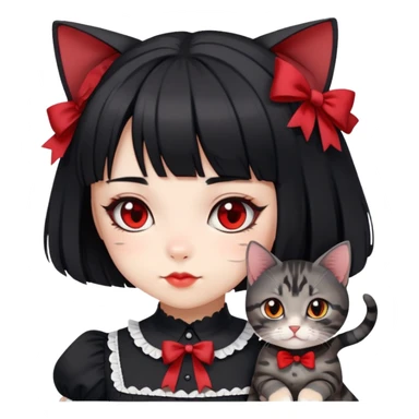 girl wearing black Lolita style dress, with medium-length black hair with red tips, and a black American Shorthair tabby cat sticker