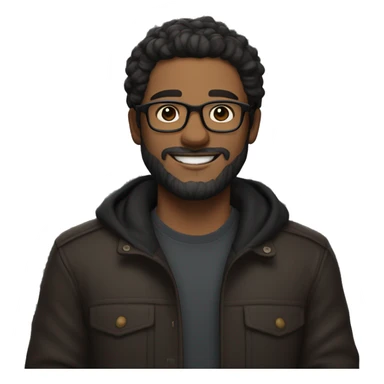 a man with black wavy hair, glasses, a trimmed beard, light brown skin, and a warm smile, wearing a dark outfit with a friendly vibe. sticker