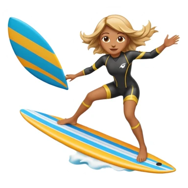 High-resolution detailed emoji of a wingfoil surfer girl, vibrant and expressive style. She is riding a hydrofoil board above ocean waves, holding an inflated wing sail overhead.  sticker