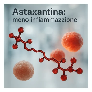 hyper realistic red astaxanthin molecule reducing inflammation, calming inflamed cells, clinical atmosphere, realistic details, text 'Astaxantina: meno infiammazione' sticker
