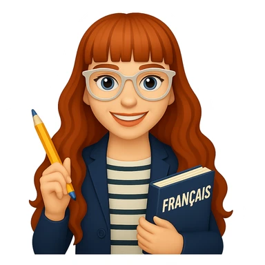 Add straight bangs to her hairstyle, keep her hair very long and wavy, clear-framed glasses, French teacher in a casual chic outfit, holding a pencil and a French textbook, smiling. The style should resemble emoji style. Remove background. sticker