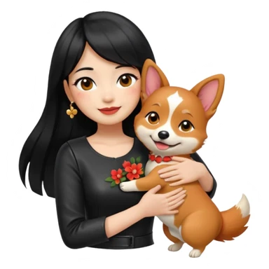 apple-style emoji of an Asian girl with long hair and wispy bangs, black leather dress, gold earrings, subtle false lashes, and a 3/4 sleeve tattoo with flowers on her left arm, hugging a cheerful red head tri-color corgi, simplified, emoji-like sticker