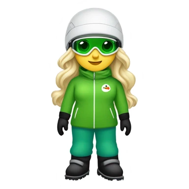 Green-eyed, fat female skier with medium-length straight blonde hair not plaited, snow goggles on helmet, white ski helmet, gray snow jacket, green ski gloves, long black pants rolled up at the bottom, black only snow boots standing tall. sticker