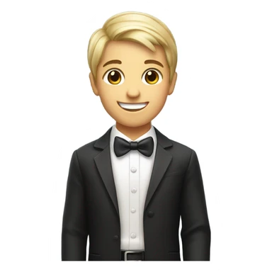 smiling boy in formal attire holding soda sticker