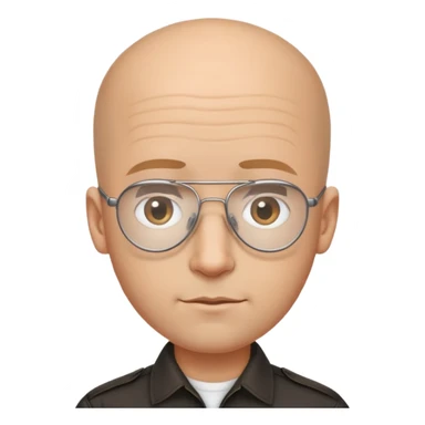 Oval-faced man with large forehead, aviator glasses, completely bald sides with extremely short dark curly hair only on crown, light brown skin, friendly neutral expression, black shirt sticker